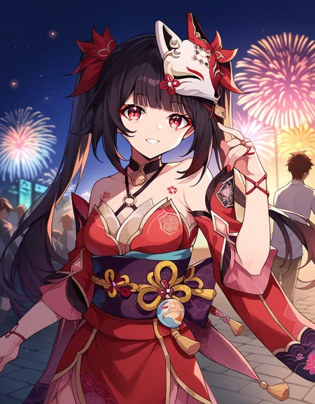 score_9, score_8_up, score_7_up, source_anime,
honkaisparkle, <lora:honkai-sparkle-ponyxl-lora-nochekaiser:1>,
sparkle, long hair, bangs, black hair, hair ornament, twintails, red eyes, bell, mask, mask on head, fox mask, smile,
dress, bare shoulders, japanese clothes, sash, tattoo, red dress,
outdoors, fireworks, festival,
looking at viewer, cowboy shot, dutch angle, dynamic pose,