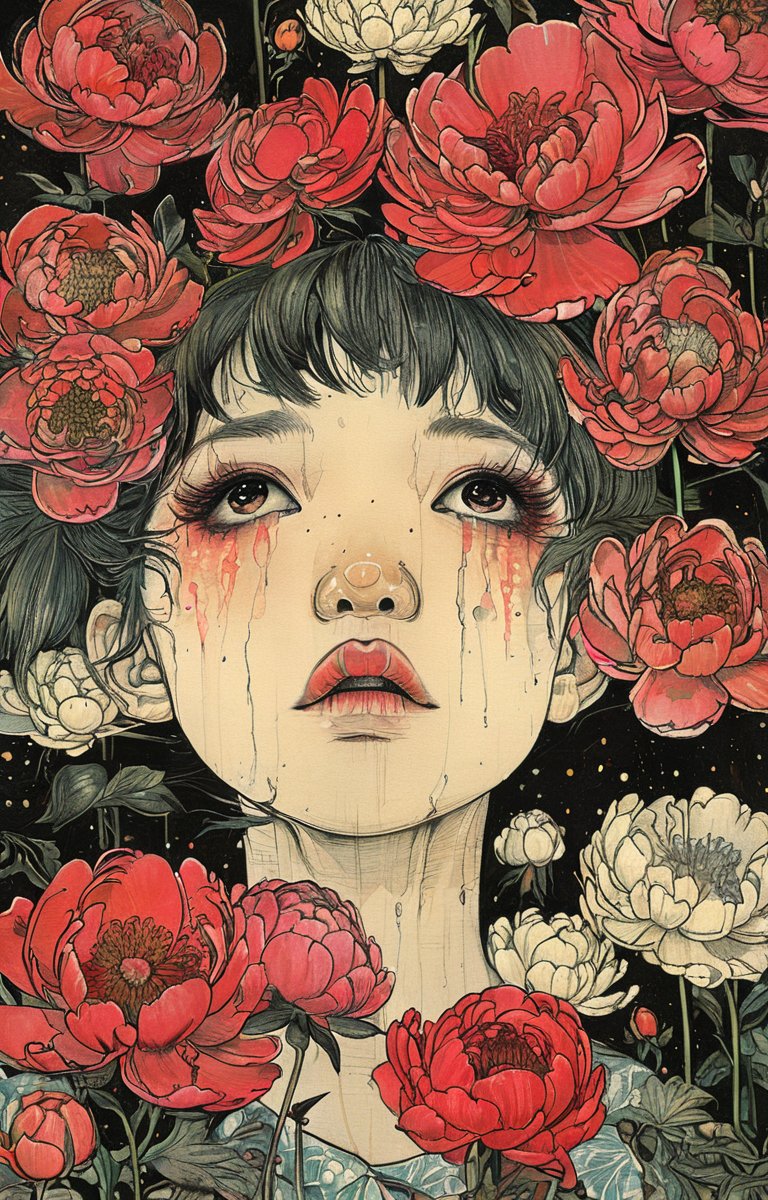 masterpiece,best quality,<lora:tbh204-sdxl:0.9>,illustration,style of Yuko Shimizu decaying peonies