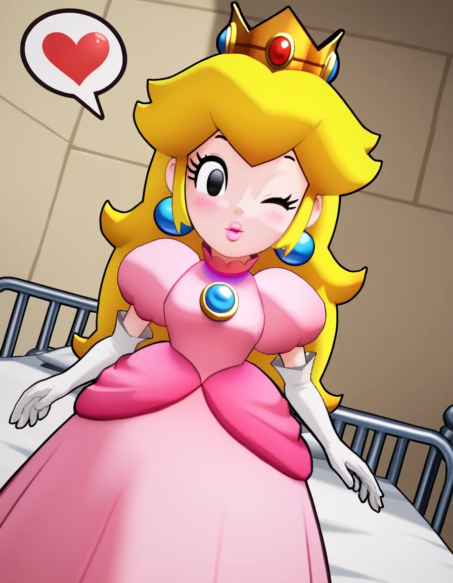 score_9, score_8_up, score_7_up, source_anime, <lora:princess-peach-brothership-ponyxl-lora-nochekaiser:1>, princess peach, blonde hair, black eyes, long hair,, crown, dress, gem, gloves, pink dress, puffy short sleeves, puffy sleeves, short sleeves, white gloves,, hospital, beds, doctors, patients, medical, smile, <lora:blowing-kiss-ponyxl-lora-nochekaiser:1>, blowing kiss, pucked lips, heart, one eye closed, o3o, hand up, bed room, bed, blush, cowboy shot, dutch angle,, looking at viewer, solo,, dutch angle, cowboy shot