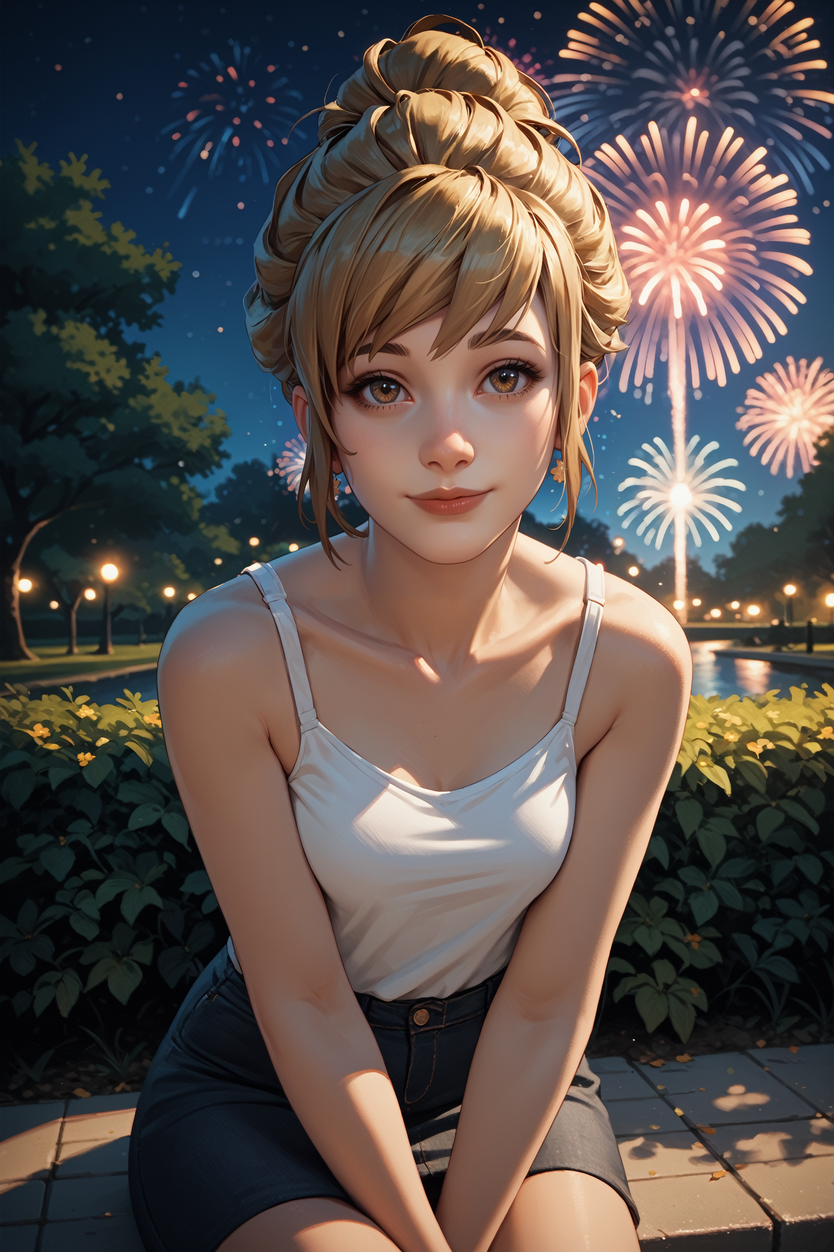 score_9, score_8_up, score_7_up, score_6_up
<lora:LISKate:0.8>
LISKate, 1girl, blonde hair, hazel eyes, hair updo, looking at viewer, sitting, at night, fireworks, park, looking up, smile