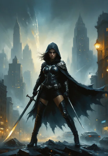 (((action pose, action position:1.5))) a painting by frank frazetta and jeremy mann


A teenage superheroine wearing a striking death-themed costume stands confidently in a dramatic urban setting. Her outfit combines sleek, modern armor with gothic details: a black bodysuit adorned with skeletal patterns glowing faintly in eerie silver, a flowing tattered cape resembling shadows, and a hood that frames her determined face. Her eyes glow with an intense light, exuding both strength and mystery. She holds a scythe-like energy weapon, crackling with supernatural power. The background features a dimly lit city skyline, with swirling mist and flickering streetlights, emphasizing her enigmatic and powerful presence as she prepares to face danger