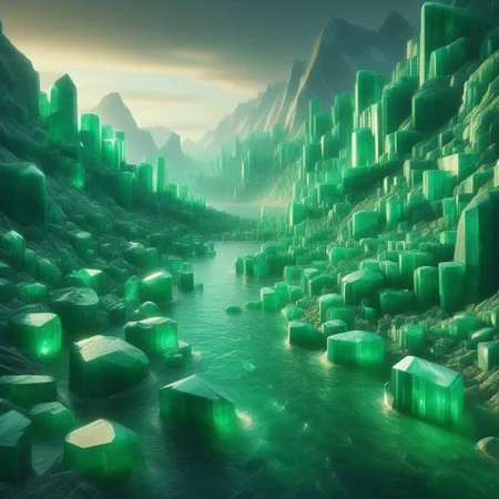 emeraldmorph, Liquid Marble Lake, Golden accents, aurora borealis?! a sea of cut emerald,