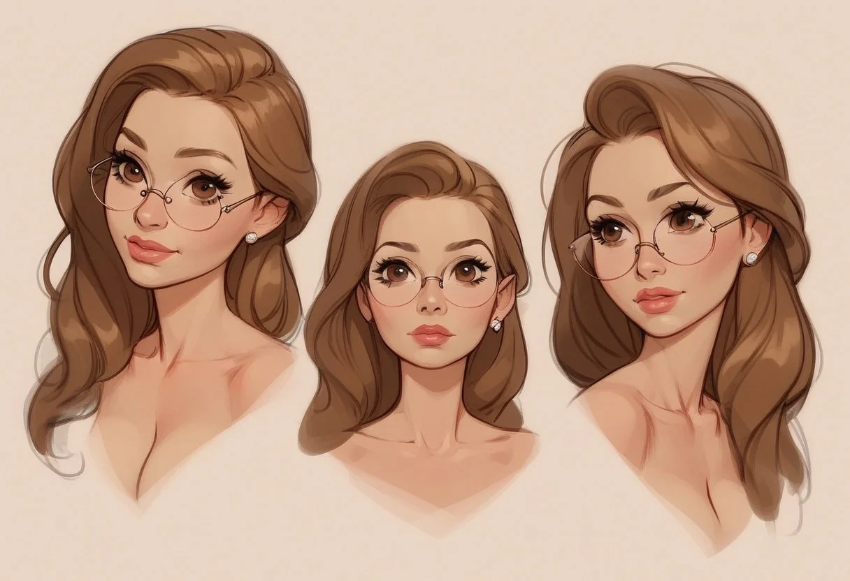score_9, score_8_up, score_7_up, score_6_up, 1woman, , (big eyes:0.5), (cute face), gorgeous woman ,smaller neck, (mature woman), long hair, (anniehigmnf), light golden brown hair, brown eyes portrait, multiple views, flat-coloring, flat-shadows, thick-lines,, sketch-style, round glasses,