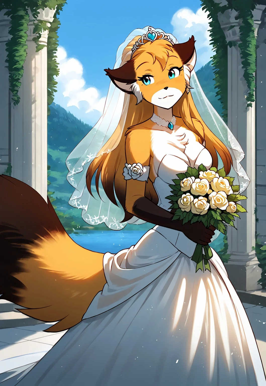 score_9, score_8_up, score_7_up, masterpiece, best quality, good quality, highly detailed, absurdres, Expressiveh, detailed background, outdoors, wedding chapel, wedding decorations, 1 girl, solo, anthro, mike-twokinds, fox tail, wedding dress, holding bouquet, looking at the viewer, smile, happy