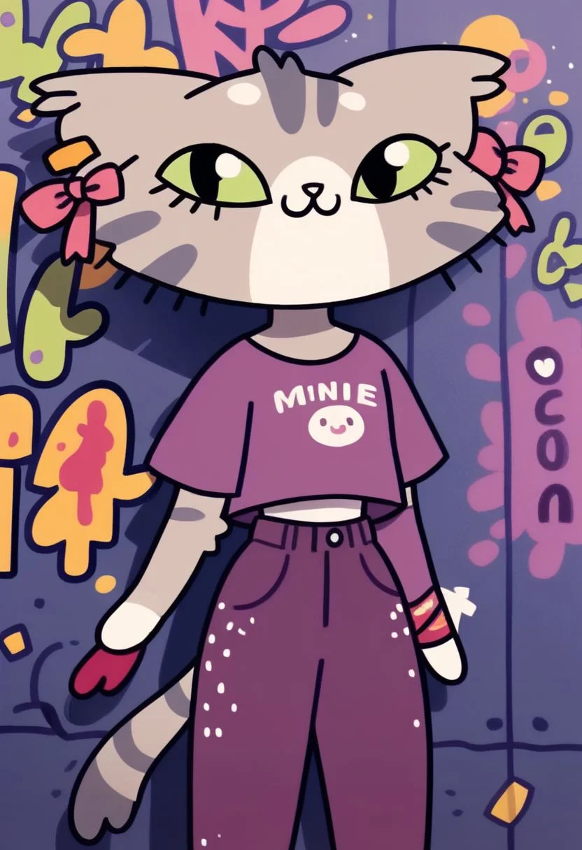 score_9, score_8_up, score_7_up, score_6_up, score_5_up, score_4_up,
beautiful, extremely detailed, vector, 
(Masterpiece:0.9), best quality, (illustration, official art:0.95), ultra detailed, solo, Kawaii girl, too many hair ornaments, harajuku fashion, ribbon, Flowering, calligraphy, VOLUMETRIC SHADOW, cute doodle, Neko, Text, (graffiti, ink), miracle, [(rough texture background:1.4)::0.2], (mix up wallpaper:1.2),
1girl,
albatrya, cat girl, purple shirt and pants