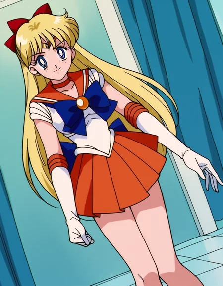 score_9, score_8_up, score_7_up, source_anime, <lora:minako-aino-s3-ponyxl-lora-nochekaiser:1>, minako aino, blonde hair, blue eyes, bow, hair bow, half updo, long hair, red bow, tiara,, back bow, choker, elbow gloves, gloves, jewelry, magical girl, orange choker, orange sailor collar, orange skirt, sailor collar, sailor senshi uniform, school uniform, serafuku, skirt, white gloves,, indoors, smile, looking at viewer, solo,, cowboy shot, dutch angle