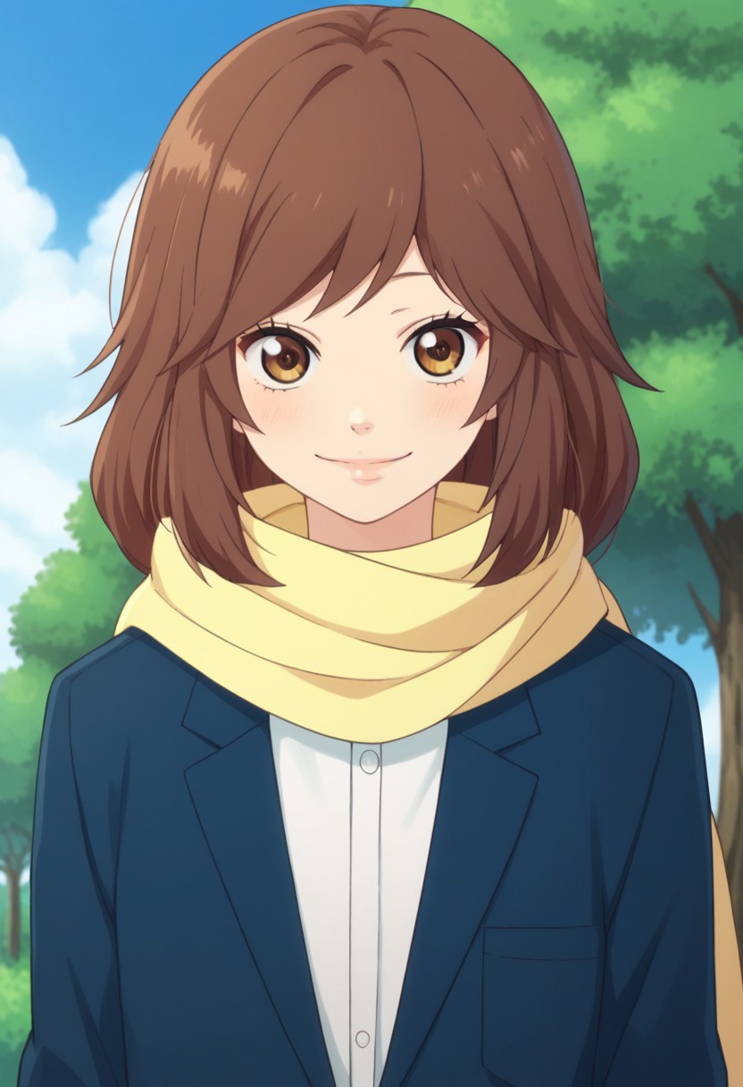 score_9, score_8_up, score_7_up, source_anime, highly detailed, 
futaba, 1girl, solo, brown hair, school uniform,  brown eyes,
jacket,  smile,  
blazer,  standing, looking at viewer,
 long hair, shirt, white shirt, blue jacket, collared shirt, 
scarf, yellow scar,
upper body, outdoor, sky, tree