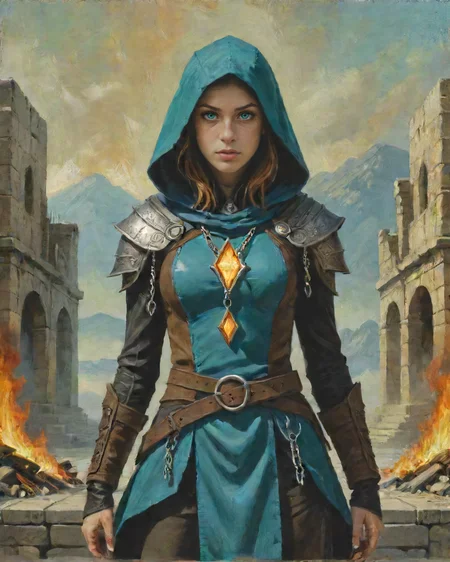 1 girl, adult (elven:0.7) woman, freckles, teal eyes, light brown layered hair, ombre, BREAK portrait, looking at viewer, solo, from front, front view, half shot, detailed background, (occult, cultist theme:1.1), purifier, knowing smirk, silver trimmed (studded:0.8) leather clothes, pockets, , buckles, , chains, flaming wooden torch , shadowed face, hood, hunting heretics, , sinister aura, , inquisition, ancient ruins, in background, autumn, twilight, occult atmosphere, <lora:TCD-SpeedUp-SDXL-PAseer:1> orbitgood-SDXL