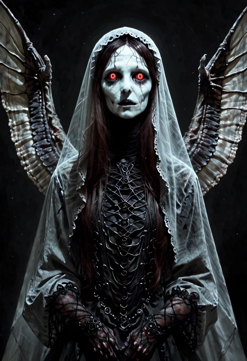 high quality, detailed, concept art, horror, realistic, 1ly4, 1girl, solo, serene expression, monstrous thousands of eyes and wings, deep vivid colors, rich colors, vibrant, expressiveH, veil, ph4nt0m01l