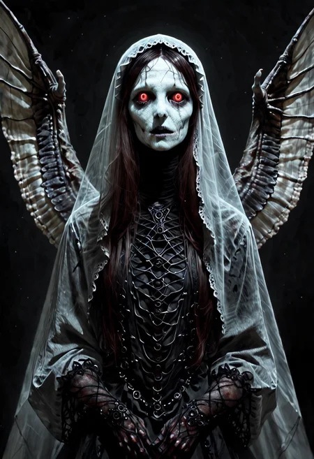high quality, detailed, concept art, horror, realistic, 1ly4, 1girl, solo, serene expression, monstrous thousands of eyes and wings, deep vivid colors, rich colors, vibrant, expressiveH, veil, ph4nt0m01l