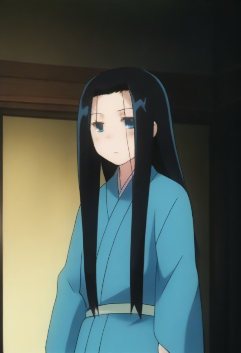 Masterpiece, Top Quality, source_anime, anime screencap, source_anime, auratheguillotine, anime screencap, masterpiece, source_anime, shiny skin,,,,anrakutei, blue_eyes, black_hair, very_long_hair, blue_kimono, long_sleeves, wide_sleeves,