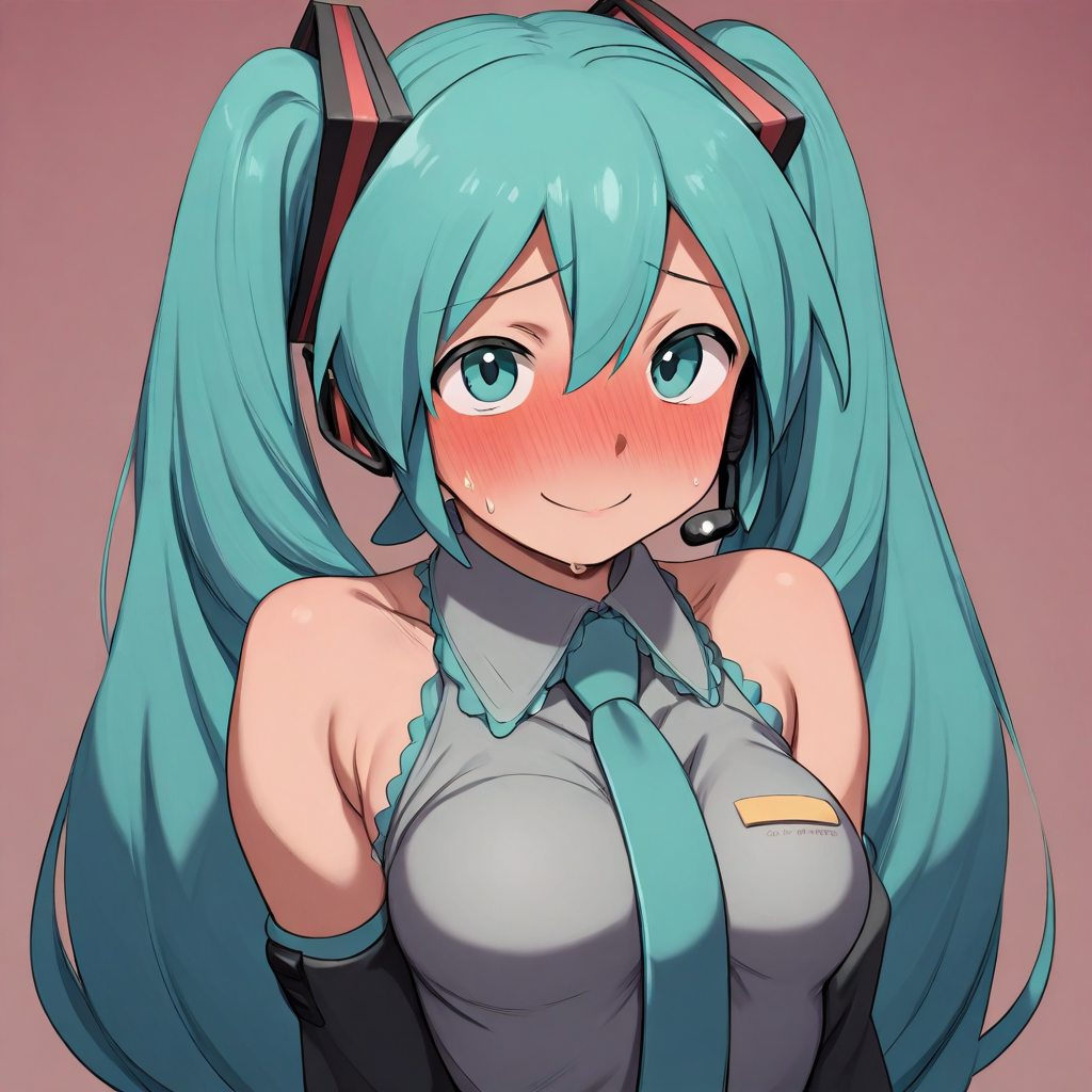 (SUP3RG3TTh1:1.2), masterpiece, highres, high quality, 1woman, hatsune miku, fully clothed, blushing, embarrassed, smile,