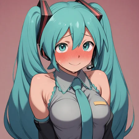 (SUP3RG3TTh1:1.2), masterpiece, highres, high quality, 1woman, hatsune miku, fully clothed, blushing, embarrassed, smile,
