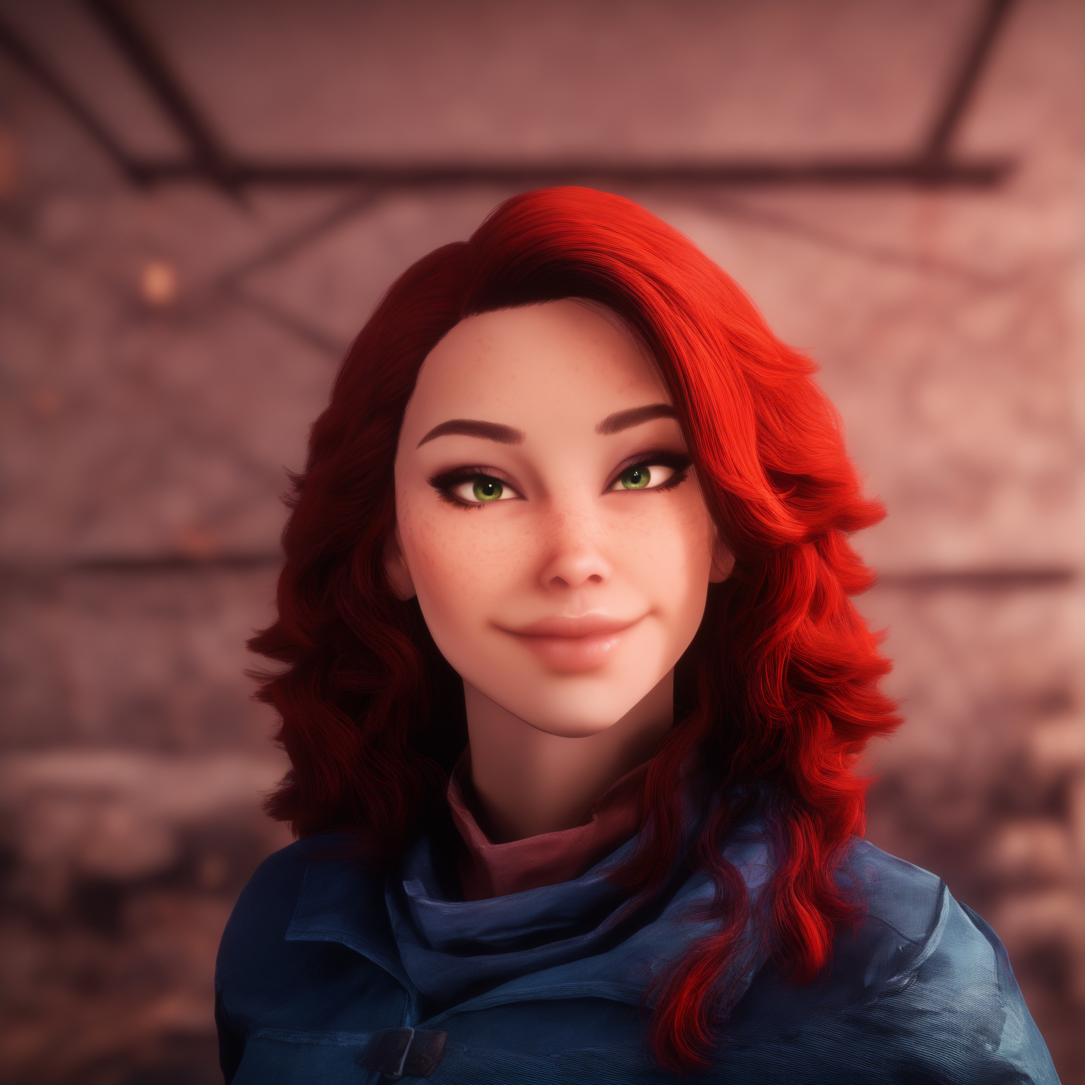 1girl,red hair,upper body,smile,looking at viewer,green eyes,freckles,realistic,<lora:Veilguardstyle_illustrious:1>,veilguardstyle,newest,masterpiece,