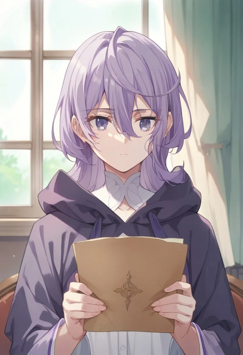score_9, score_8_up, score_7_up, source_anime, philia parnacorta, purple hair, purple eyes, solo, indoors, curtains, 1girl, holding, window, hood, hair between eyes, holding paper, long hair