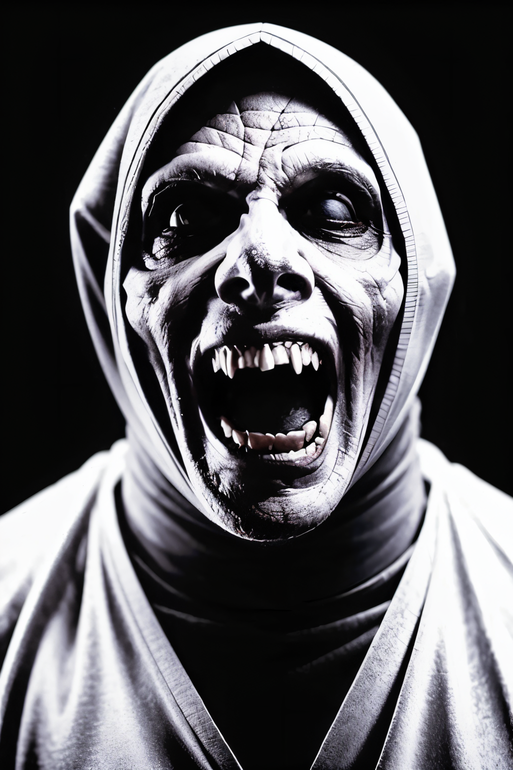 (Realistic:1.5) (masterpiece) (full body portrait)) horror black background, lamp, hood, male focus, monster, door, white shirt, hood, fingernails, monochrome, screaming, glowing eyes, skull, no pupils, pen, facing viewer,   <lora:EdobHorror_v1.0:0.8>