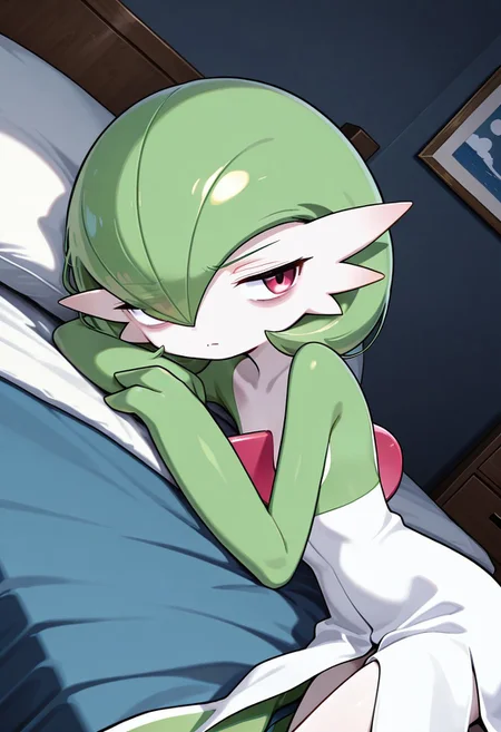 solo, gardevoir, bedroom, portrait, lying sideways, annoyed, baggy eyes