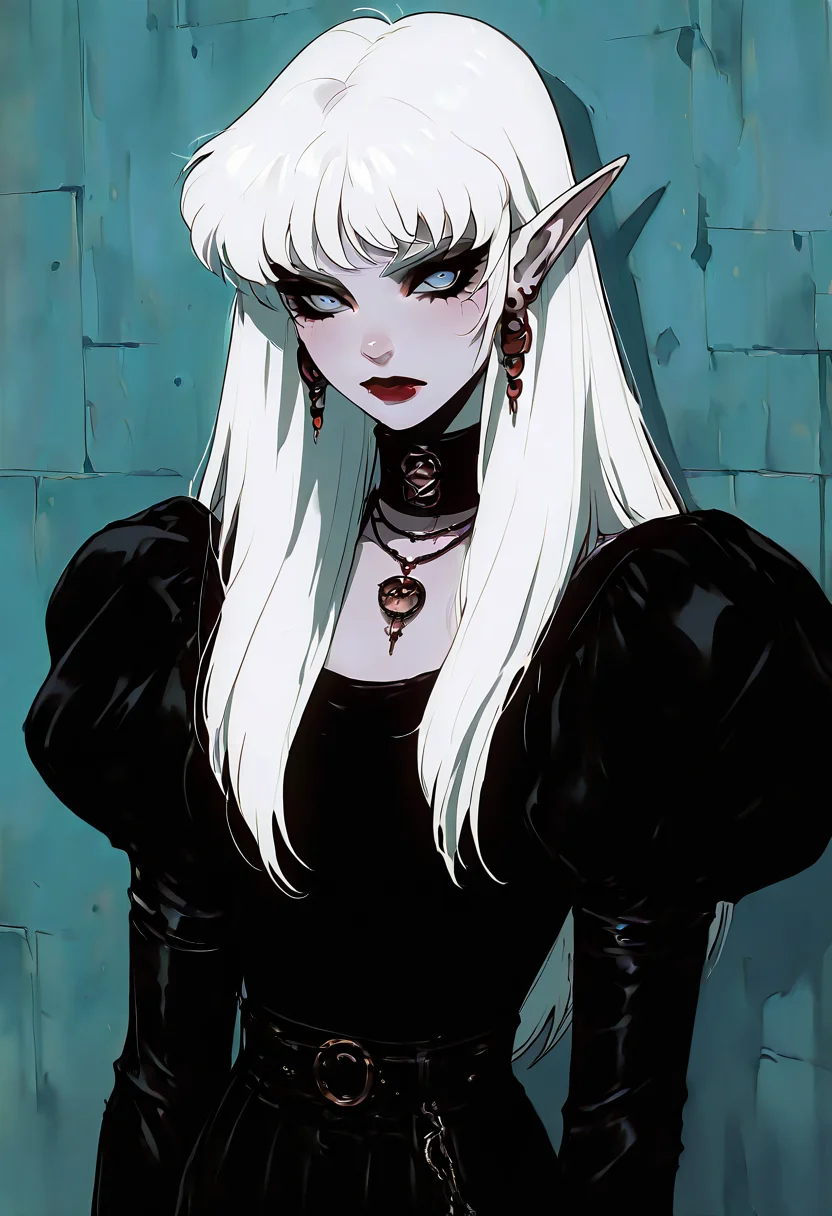 (masterpiece, best quality, good quality, very aesthetic, absurdres), 1girl, solo, eyelashes, (beautiful eyes), 1girl, solo, long hair, breasts, looking at viewer, bangs, blue eyes, long sleeves, jewelry, closed mouth, upper body, white hair, earrings, choker, pointy ears, puffy sleeves, belt, necklace, collar, colored skin, lipstick, juliet sleeves, elf, wall, long hair, looking at viewer, blue eyes, long sleeves, closed mouth, upper body, white hair, pointy ears, puffy sleeves, colored skin, red lips ,<lora:GothRetroNAI:1.0>,