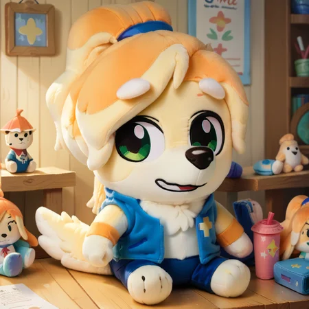 score_9, score_8_up, score_7_up, BREAK <lora:friskyb:1> friskyb, furry, ponytail, smile, room, <lora:woafu_plushify_pony:0.8> plushify, character stuffed toy, chibi