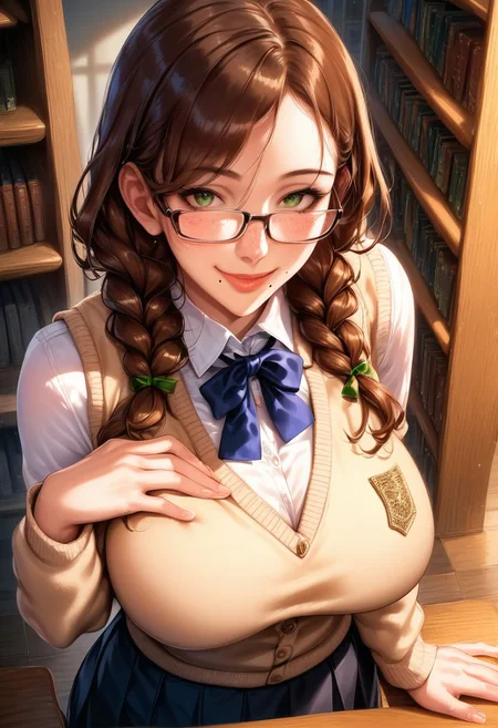 score_9, score_8_up, score_7_up, score_6_up, score_5_up, score_4_up, source_anime, <lora:CHP(pony)0.1v-000022:1>,
1girl, braid, glasses, solo, twin braids, brown hair, breasts, green eyes, mole, large breasts, school uniform, freckles, sweater vest, long hair, mole under mouth, looking at viewer, smile, blush, shirt, bookshelf, semi-rimless eyewear, hand on own chest, neck ribbon, ribbon, under-rim eyewear, hair over shoulder, cardigan vest, long sleeves, classroom,