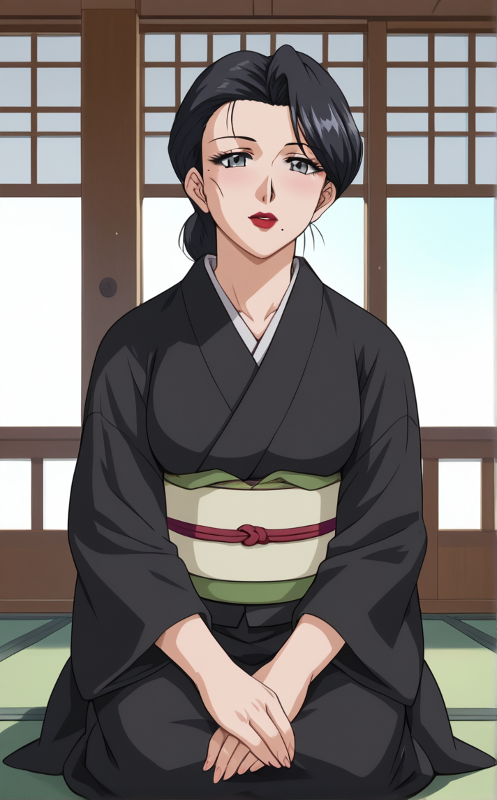 score_9, score_8_up, score_7_up, wariza, sitting, full body, looking at viewer, indoors, bokeh, negative space, <lora:PONYXL_MistreatedBride_SumieTakayanagi_ownwaifu:1>, BREAK BlackKimono_SumieTakayanagi_ownwaifu, 1girl, black hair, black kimono, breasts, grey eyes, japanese clothes, lipstick, makeup, mature female, mole under mouth, red lips, short hair, single hair bun, eyelashes, sash, hair up, large breasts, lips, long sleeves, obi, <lora:add-detail-xl:0.15>,