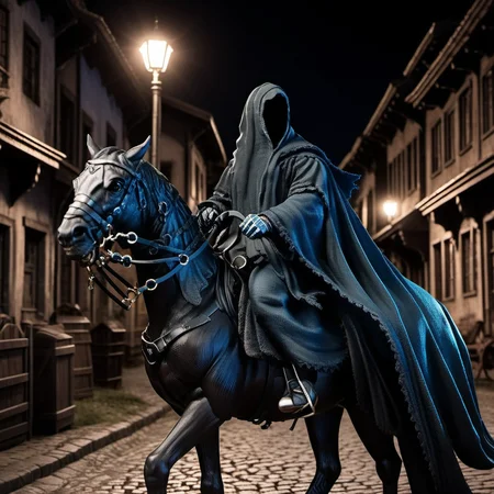 TheNazgul1024, wears a cape, ride a horse, night, creepy hauted town, detailed eyes, highly detailed, photography, ultra sharp, film, bokeh, professional, 4k <lora:add-detail-xl:1.5> <lora:TheNazgul1024:0.8>
