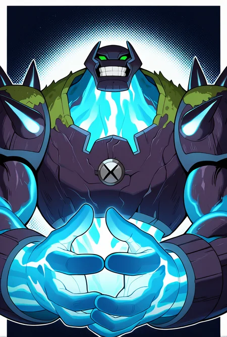 <lora:shockrock-09:1> shockrock, glowing, solo, big arms, big hands, shoulder spikes, 1boy, no humans, green eyes, blue energy body, energy body, moss gray chest plate, smile, teeth, grin, blue hands ,blue neck, energy being, masterpiece, best quality, amazing quality, very aesthetic, absurdres, newest,, upper body, halftone effect, white borders, abstract background:1.2,