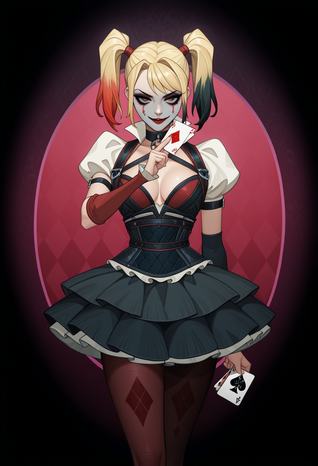 masterpiece, best quality, amazing quality,,<lora:harleyQuinnArkham_illustrious_byJaneB:1>
1girl, solo, ,
hqu1nnknight, makeup, twintails, blonde hair, colored tips, skirt, detached sleeves, puffy sleeves, corset, pantyhose, 1girl, solo, <lora:afkArenaIllustrious:0.8> afkArenaStyle, holding a card, joker \(playing card\),