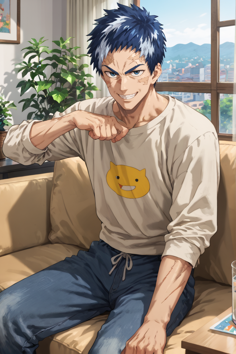 score_9, score_8_up, score_7_up,
<lora:One_Punch_Man:0.8>, anime coloring, 
sitting on couch, living room, window    <lora:Hallow_Versus_for_PonyXL:0.8> 1boy, h4llow, one arm, scar, short hair, blue hair,  two tone hair, white highlights, smile, grin, happy,