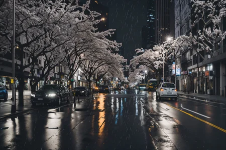 a photo of a city street in rain at night, skyscrapers, puddles, cars, asphalt road, sakura blossom trees, high quality, high resolution, very coherent, clear focus, well defined,
