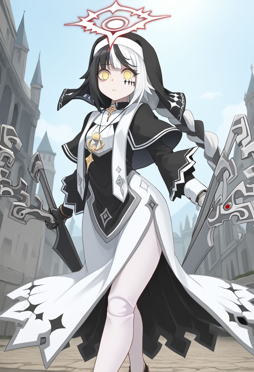 1girl, absurdres, solo, long hair, black hair, hair ornament, streaked hair, halo, two-tone hair, yellow eyes, braid, white hair, multicolored hair, facial mark, braided ponytail, black footwear, doll joints, veil, cross, nun, habit, white pantyhose, black capelet, asymmetrical gloves, mismatched gloves, hourglass, coif, celtic cross, arrow cross, cross fitchy, side slit, gauntlets, dress, weapon