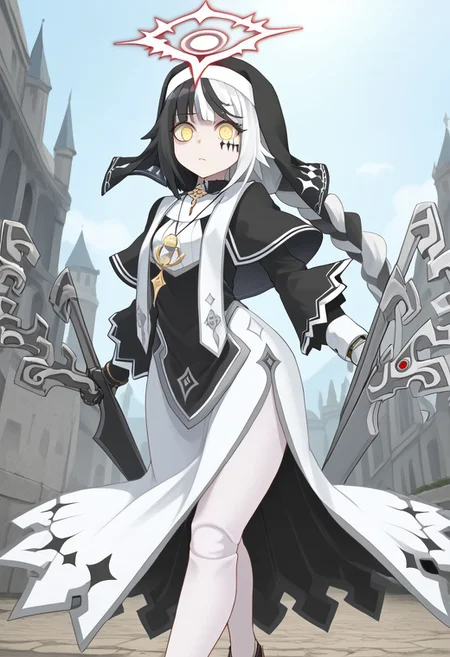 1girl, absurdres, solo, long hair, black hair, hair ornament, streaked hair, halo, two-tone hair, yellow eyes, braid, white hair, multicolored hair, facial mark, braided ponytail, black footwear, doll joints, veil, cross, nun, habit, white pantyhose, black capelet, asymmetrical gloves, mismatched gloves, hourglass, coif, celtic cross, arrow cross, cross fitchy, side slit, gauntlets, dress, weapon