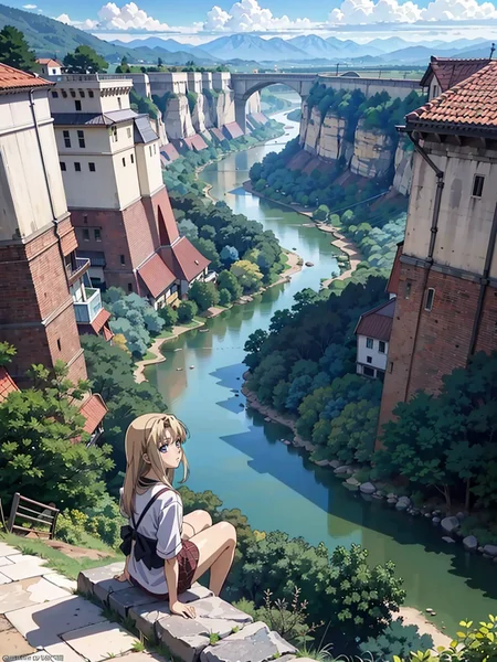 (anime screencap:1.4), (intricate:1.5)
a girl sitting on a ledge looking out over a valley and a river with a mountain in the background and a valley below her, with a river running through the valley, and a cliff, anime visual, very detailed anime art, fantastic realism