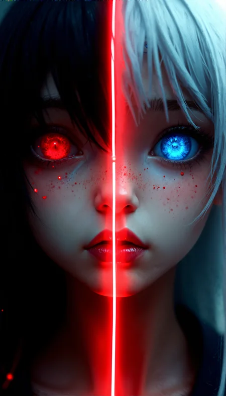 close-up of a character with a face divided in half, featuring one side with dark hair and a red eye, the other with white hair and a blue eye, illuminated by a central, glowing red line.
cinematic lighting, extremely intricate detail character, accurate depiction of character, correct body anatomy, correct hands and fingers, extremely intricate skin and facial skin texture detail, lifelike potrayal, extremely realistic lighting, extreme dynamic pose. Extremely sharp detail without blurring.