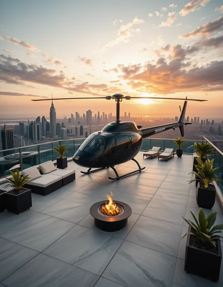 A high-resolution photo of a luxurious rooftop of a five-star hotel at sunset, featuring a sleek helipad with a high-end, matte-black private helicopter elegantly parked. The rooftop is designed with ultra-modern architecture, featuring a spacious terrace with infinity-edge glass railings, ambient lighting, and a panoramic city skyline in the background. The surface of the helipad is clean, polished concrete with clear illuminated markings. Surrounding the helipad, there are lounge areas with modern outdoor furniture, minimalist fire pits, and decorative planters with tropical greenery. The lighting is warm and golden, casting soft shadows and highlighting the contours of the helicopter and the textures of the rooftop. The sky is dramatic, painted with hues of orange, pink, and violet, creating a cinematic atmosphere of luxury and exclusivity. The overall mood is elite, calm, and aspirational, showcasing the ultimate in urban luxury lifestyle.
<lora:SDXLFaeTastic2400:0.4> <lora:extremely_detailed:0.4> extremely detailed,helipad r00ft0p <lora:helipad_r00ft0p-i:1>, Masterpiece,best quality,hi res,8k,hi res,8k,award winning,(sharp focus, intricate, highly detailed),