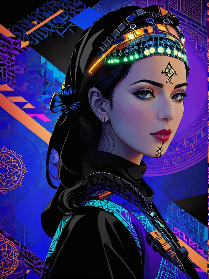 1woman, a poster by Maryam Hashemi, behance contest winner, moroccan cyberpunk art, poster art, digital illustration, <lora:UshamXL:1.2>, moroccan pattern background,
