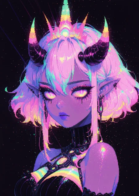 dynamic angle, cinematic photo city, neon, masterpiece, best quality, amazing quality, very aesthetic, light particles, night, scenery, ultra detailed, BREAK ImHigh, 1girl,solo,breasts,looking at viewer,hair between eyes,bare shoulders,jewelry,closed mouth,upper body,pink hair,sidelocks,multicolored hair,earrings,horns,pointy ears,pink eyes,makeup,colored skin,crown,lipstick,black background,short hair with long locks
pastel pixel art, soft neon glow, dreamy aesthetic, iridescent highlights, vaporwave fantasy, ethereal colors, retro pixel style, gentle pixel shading, luminous reflections
,<lora:Pastel_Pixel_Art_r1:1>, <lora:Urban_Fantasy_Waifu:1> ,
vibrant, light particles, light rays, dust particles, directional light, detailed background, ambient occlusion, (scenery:1.2, volumetric lighting) distant bright light source ,masterpiece,best quality,amazing quality,