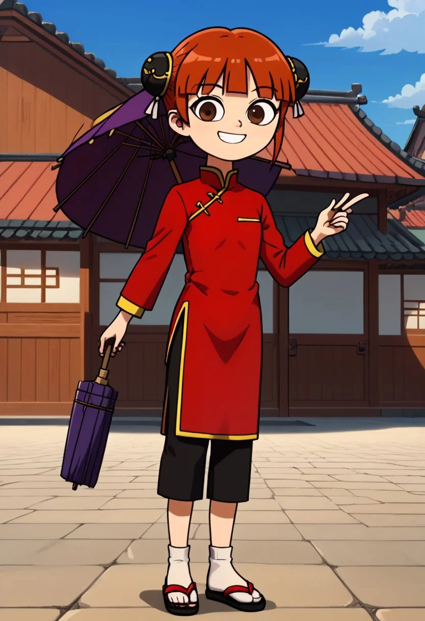 score_9, score_8_up, score_7_up, 1girl, solo, Fiore_DC, light skin, brown eyes, red hair, short hair, Double bun, bun cover, black bun cover, bangs, white socks, sandals, Chinese clothes, China dress, red cheongsam, long sleeves, black pants, big eyes, young, petite, small body, short body, child, flat chested, social smile, perfect eyes, perfect smile, looking at the viewer, detailed eyes, perfect eyes, standing, five fingers, perfect hands, umbrella, purple japanese umbrella, hand holding umbrella, high-tech oedo town, blue sky, daytime, good weather, nice