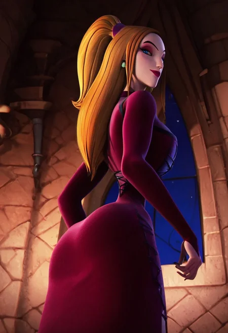 frieda (hna red dress), 1girl, redhead, orange hair, long hair, high ponytail, makeup, makeup, lipstick, red lips, eyeshadow, blue eyes, jewelry, earrings, thin body, choker, corset, dress, dark red purple dress, cleavage, score_8_up, score_7_up, BREAK, 1girl, solo, from behind, looking back, from below, low-angle shot, portrait, head tilt, looking at viewer, castle background, detailed background, 4k, masterpiece, best quality, highly detailed, realistic, 3d, Expressiveh