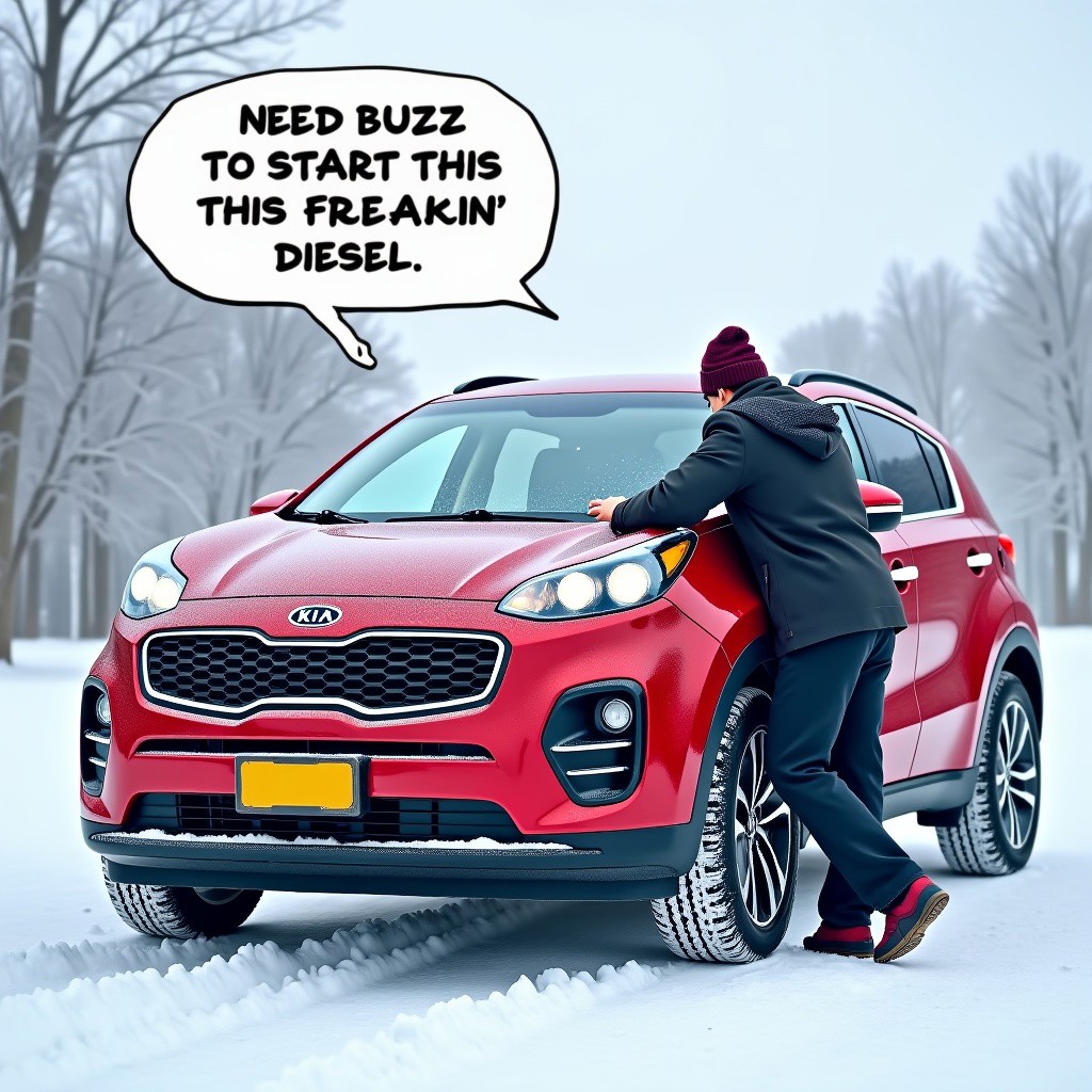 A KIA Sportage parked in a frigid winter Scene with a guy leaned over the open hood.  Speech bubble says "Need buzz to start this freakin' diesel"