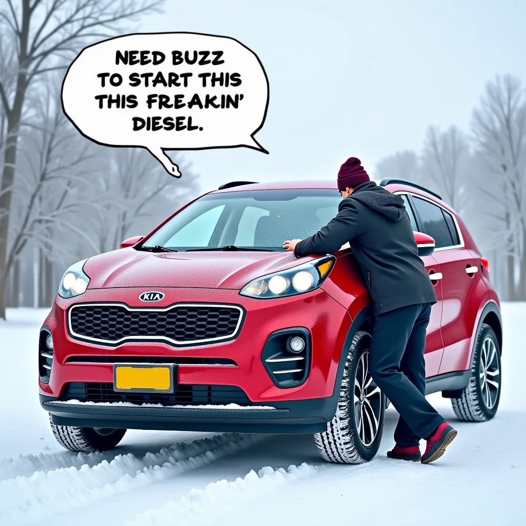 A KIA Sportage parked in a frigid winter Scene with a guy leaned over the open hood. Speech bubble says "Need buzz to start this freakin' diesel"