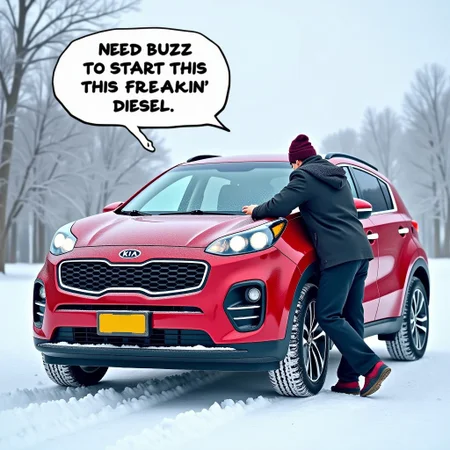 A KIA Sportage parked in a frigid winter Scene with a guy leaned over the open hood.  Speech bubble says "Need buzz to start this freakin' diesel"
