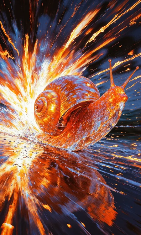 A crystal-shell snail was captured running at top speed, with a neon-like explosion of fire behind it, featuring dynamic lines of motion and a vibrant burst of energy. Motion blur<lora:flux1-D\flux.1_lora_flyway_Epic-detail_v2:1.0> <lora:flux1-D\flux.1_lora_flyway_ink-dynamic.safetensors:0.5:1.0> <lora:flux1-D\flux.1_lora_flyway_Hyper-Illustration_v1.0.safetensors:0.5:1.0>
