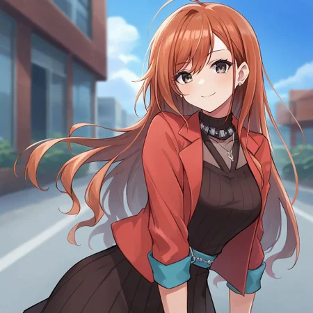 score_9, score_8_up, score_7_up,Captivating Eye Reflections,beautiful detailed eyes,lower eyelid,beautiful detailed face,BREAK ,source_anime,Arisugawa Natuha,1girl,large_breasts,black eyes,orange hair,long hair,ahoge,red jacket,pale blue belt,three quarter sleeve,black dress, jewelry necklace,outdoor,busy street,blue sky,sunshine,smile