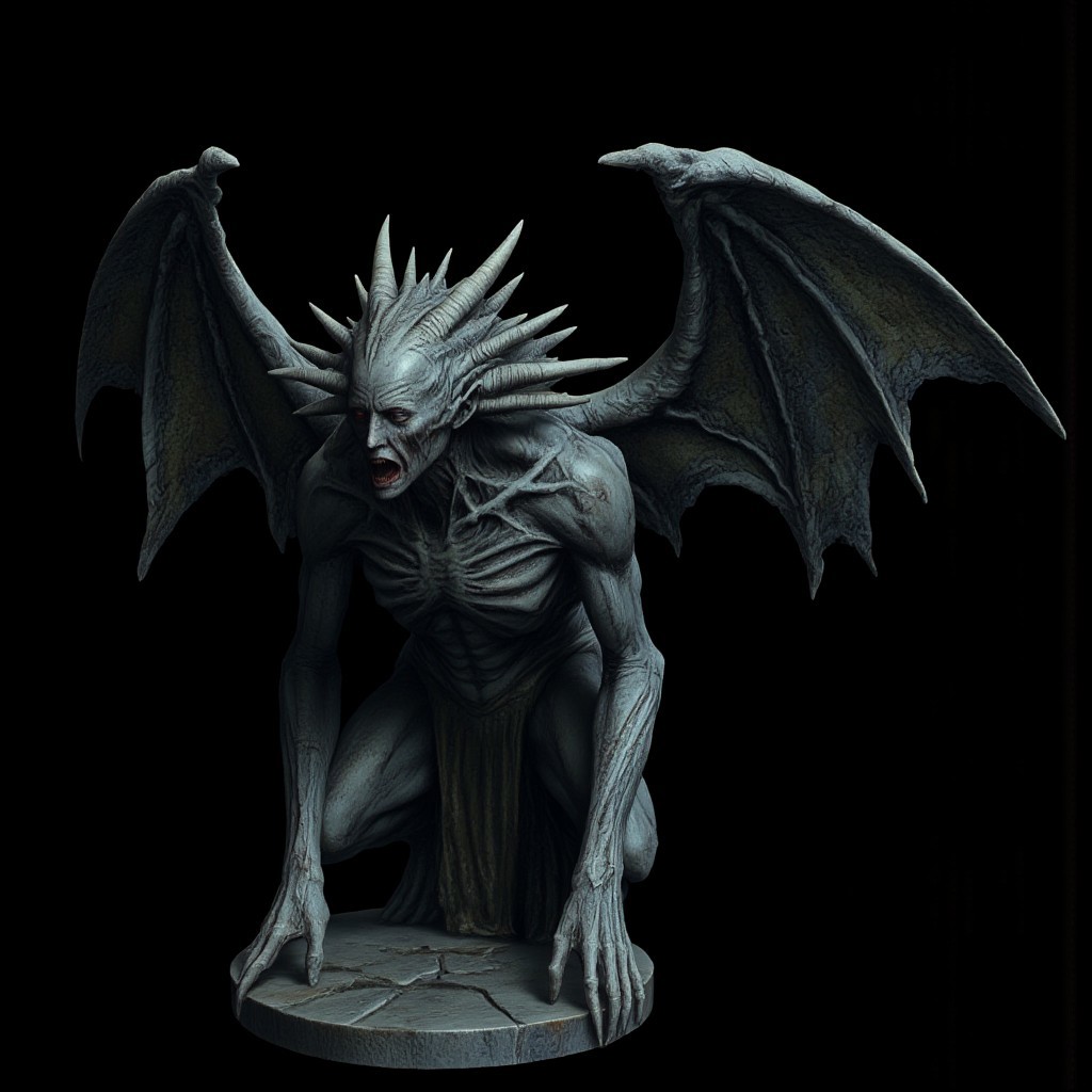 A surreal stone gargoyle with a human face, tattered stone carved wings, design, spiked hair, displaced and morphed facial features
Set against a solid dark black color background to emphasize its unsettling unnatural form that emphasizes its silhouette. The medium is not a traditional painting or illustrative medium like watercolor or ink but rather a digital 3D rendering.
MikeFranchinastyle, d4artstyle, d4concept, , bbstyle,, horror theme,, zbrush, ZBClay model of a gray sculpture, 1990's, 1990's style