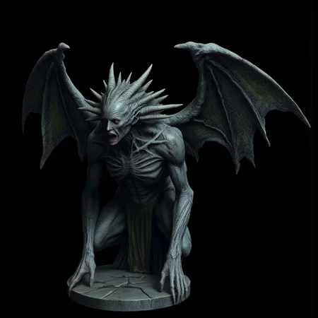 A surreal stone gargoyle with a human face, tattered stone carved wings, design, spiked hair, displaced and morphed facial features
Set against a solid dark black color background to emphasize its unsettling unnatural form that emphasizes its silhouette. The medium is not a traditional painting or illustrative medium like watercolor or ink but rather a digital 3D rendering.
MikeFranchinastyle, d4artstyle, d4concept, , bbstyle,, horror theme,, zbrush, ZBClay model of a gray sculpture, 1990's, 1990's style