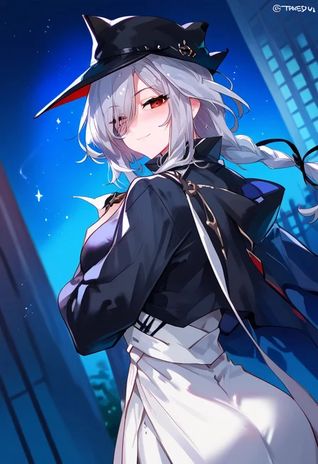 zPDXL3, score_9_up, score_8_up, score_7_up, (Anime_source), 1girl, upper body, Gladiia, red eyes, grayish hair, long hair, single braid, black headwear, looking back, looking at viewer, dutch angle, smile, blush, closed mouth, half closed eyes, night, particles