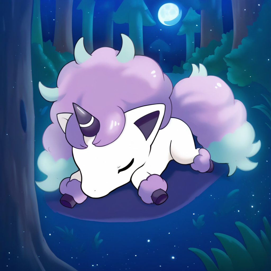 G_P0NYT4, white fur, white body, purple and teal mane, purple and teal tail, purple and teal fetlocks, purple eyes, light blue irises, purple hooves, horn, purple horn, white stripe,  purple inner ears, animal focus, no humans, pokemon (creature), chibi, lying, on stomach, sleeping, closed eyes, forest, night, moon, dark