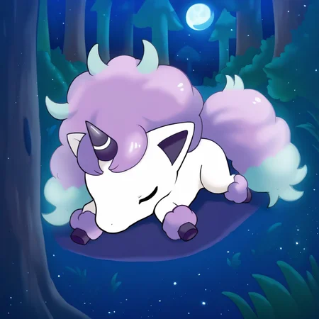 G_P0NYT4, white fur, white body, purple and teal mane, purple and teal tail, purple and teal fetlocks, purple eyes, light blue irises, purple hooves, horn, purple horn, white stripe, purple inner ears, animal focus, no humans, pokemon (creature), chibi, lying, on stomach, sleeping, closed eyes, forest, night, moon, dark