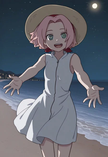 Score_9_up, score_8_up, score_7_up, source_anime, Expressiveh, perfect eyes, 1girl, solo, 1girl, haruno sakura, pink hair, short hair, green eyes, slim body,Small breasts,
white dress, sleeveless, standing, looking at viewer, sun hat, open mouth, outstretched arms, beach, happy,night,stars,
masterpiece,dynamic lighting,beautiful lighting
